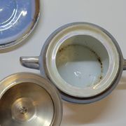 Art deco coffee service in fine iridescent blue porcelain, metal and wood