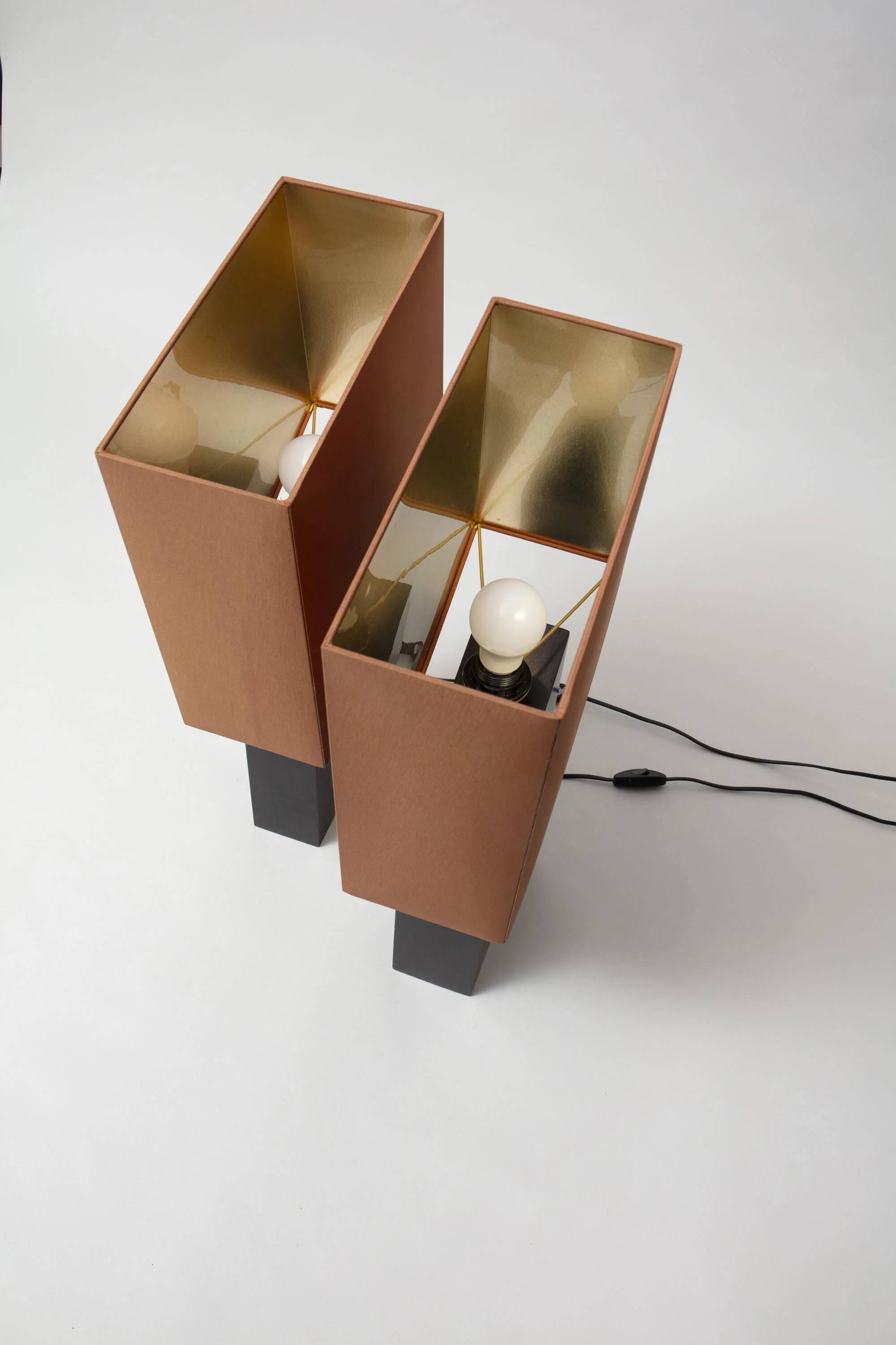 Pair of lamps, wooden base, France 1990s, new shades.