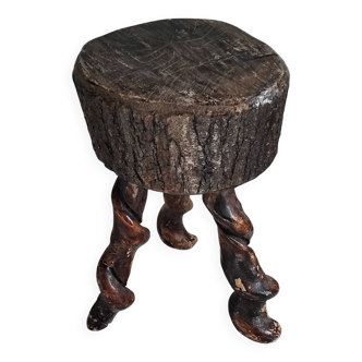 Vintage Brutalist Solid Wood Stool