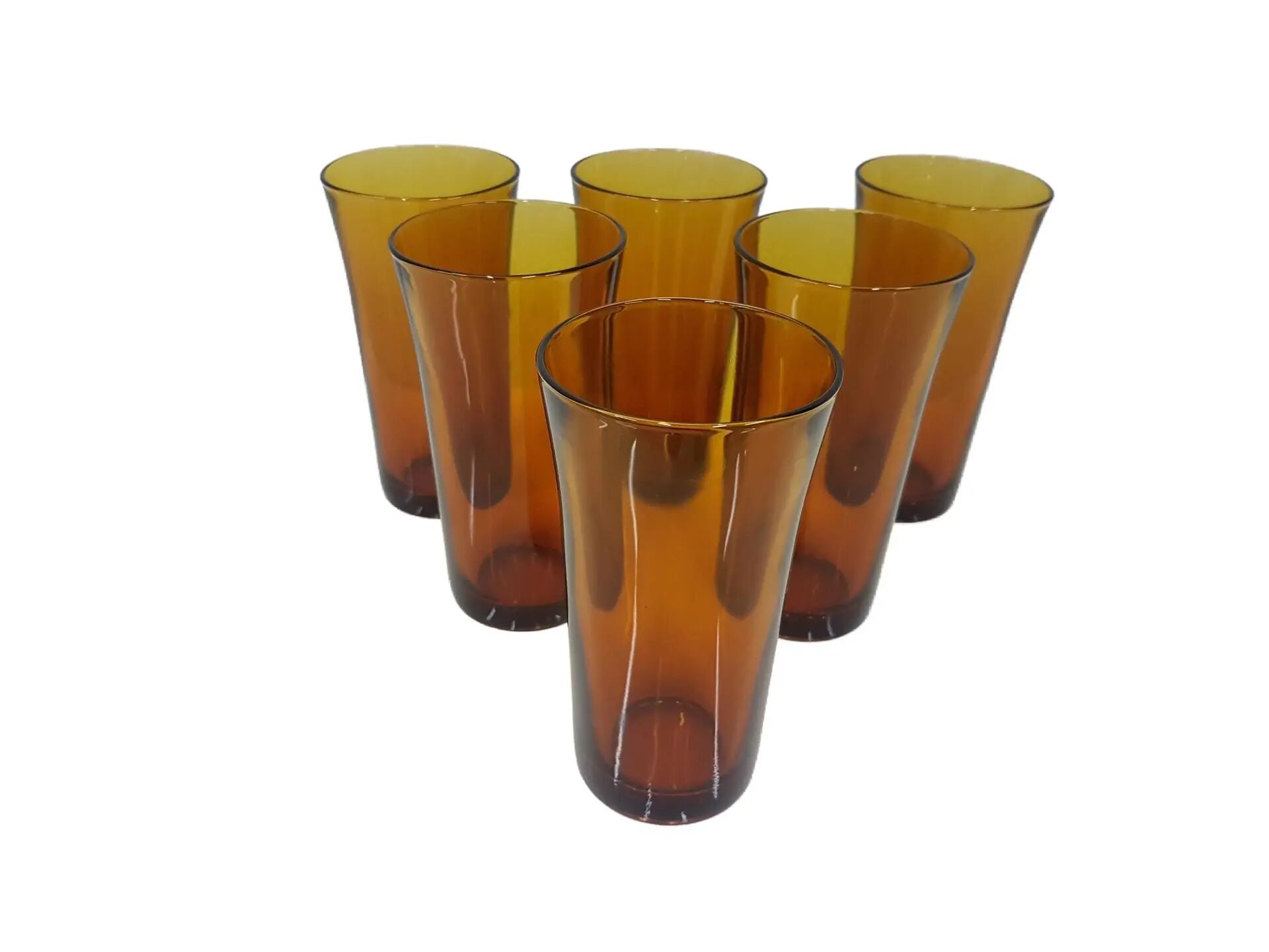 Set of six amber glass tumblers, Duralex, France, 1980s.