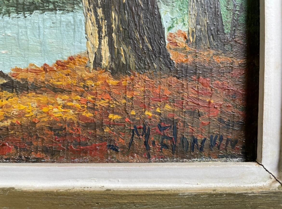 Old painting, river landscape signed M.Bonvin