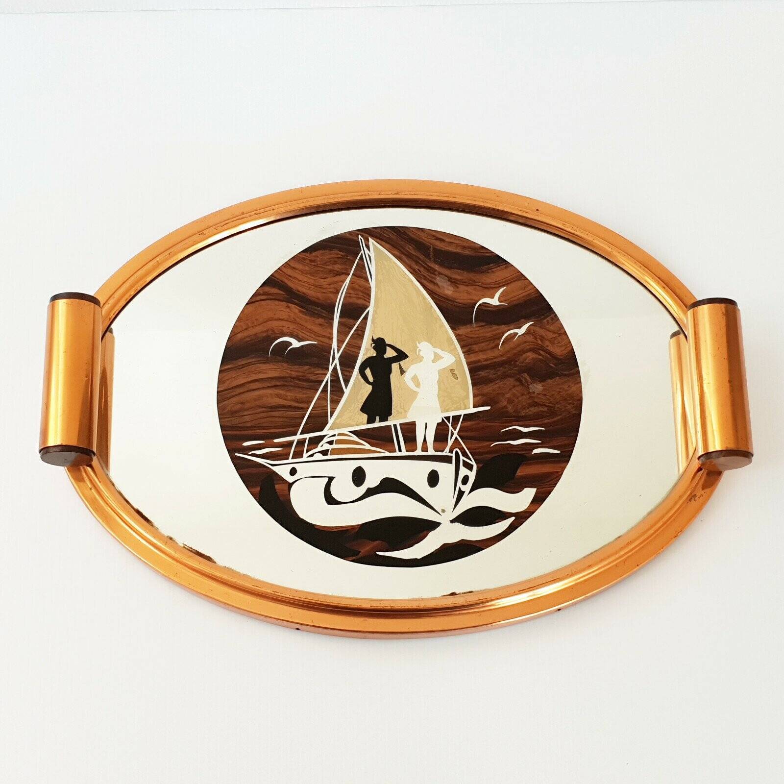 Plateau Art Déco marin français 1920-1930 bois & métal décor bateau