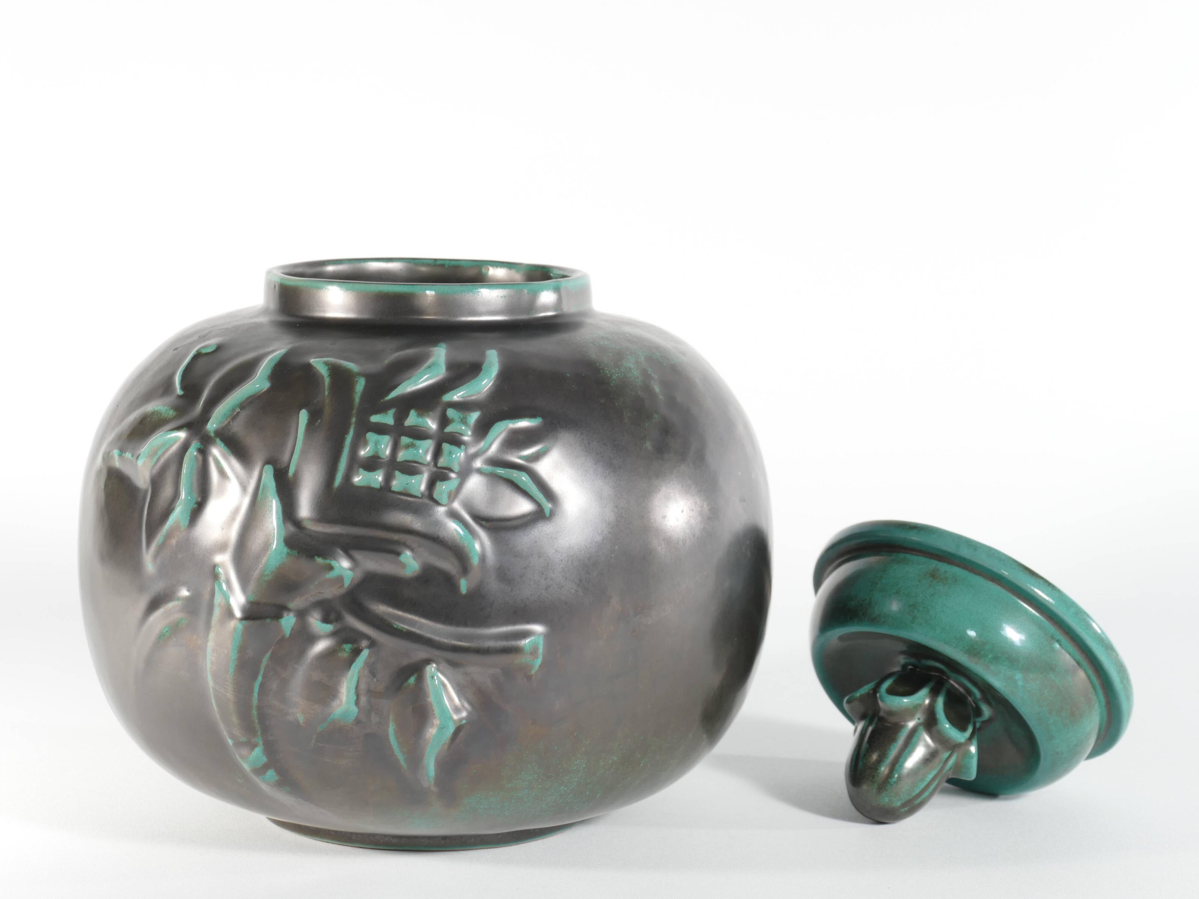 Large Art Deco Green Lidded Jar by Anna-Lisa Thomson for Upsala-Ekeby, 1930's