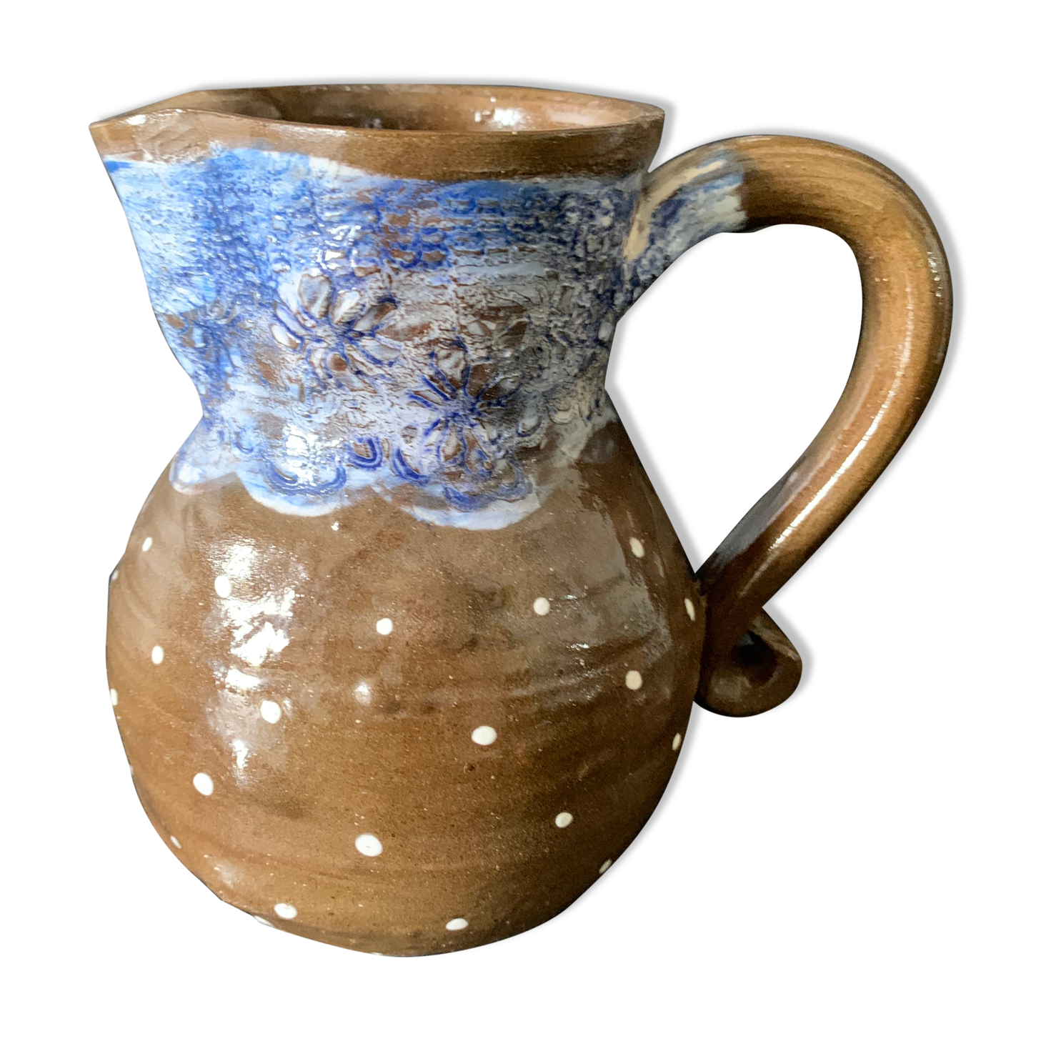 Brown enamelled ceramic pitcher with polka dots