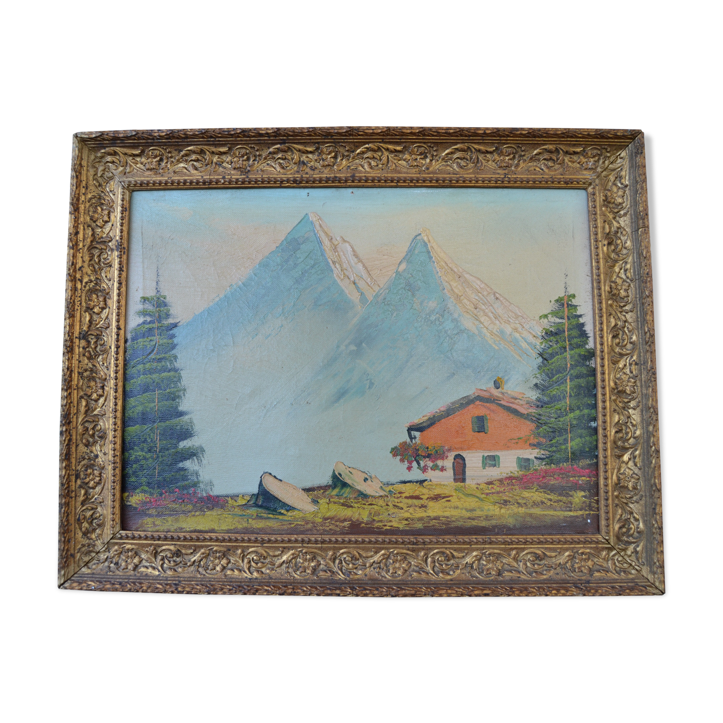 Ancient painting 19th century mountain landscape
