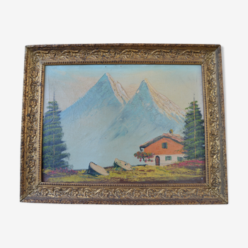 Peinture ancienne 19 ème siècle paysage de montagne