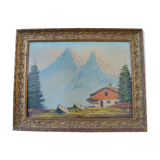 Ancient painting 19th century mountain landscape