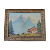 Peinture ancienne 19 ème siècle paysage de montagne