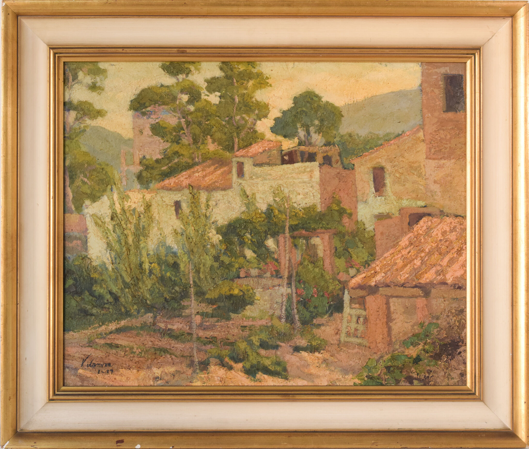 Impressionist painting of villas and garden