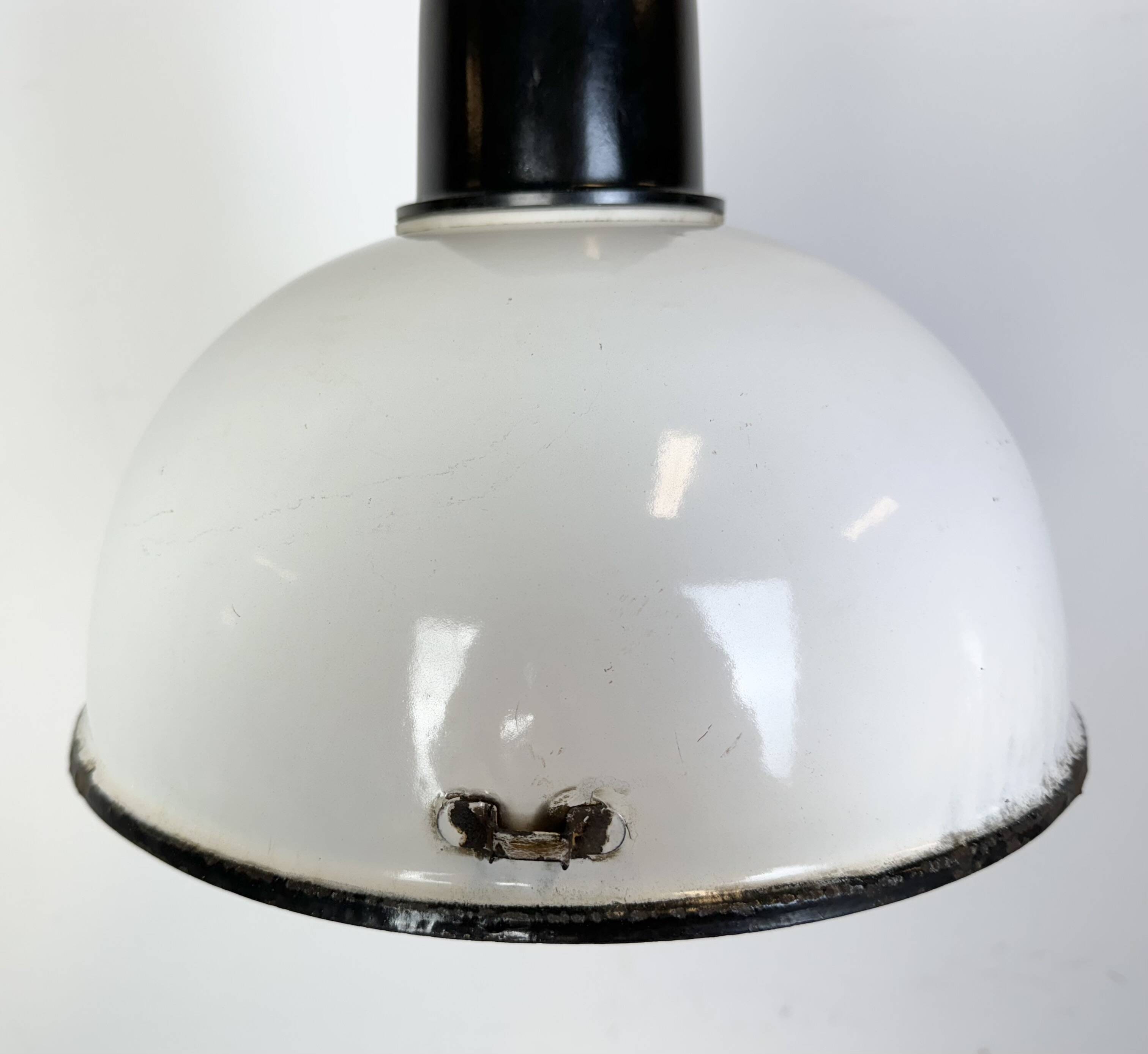 Industrial soviet white enamel pendant lamp, 1960s
