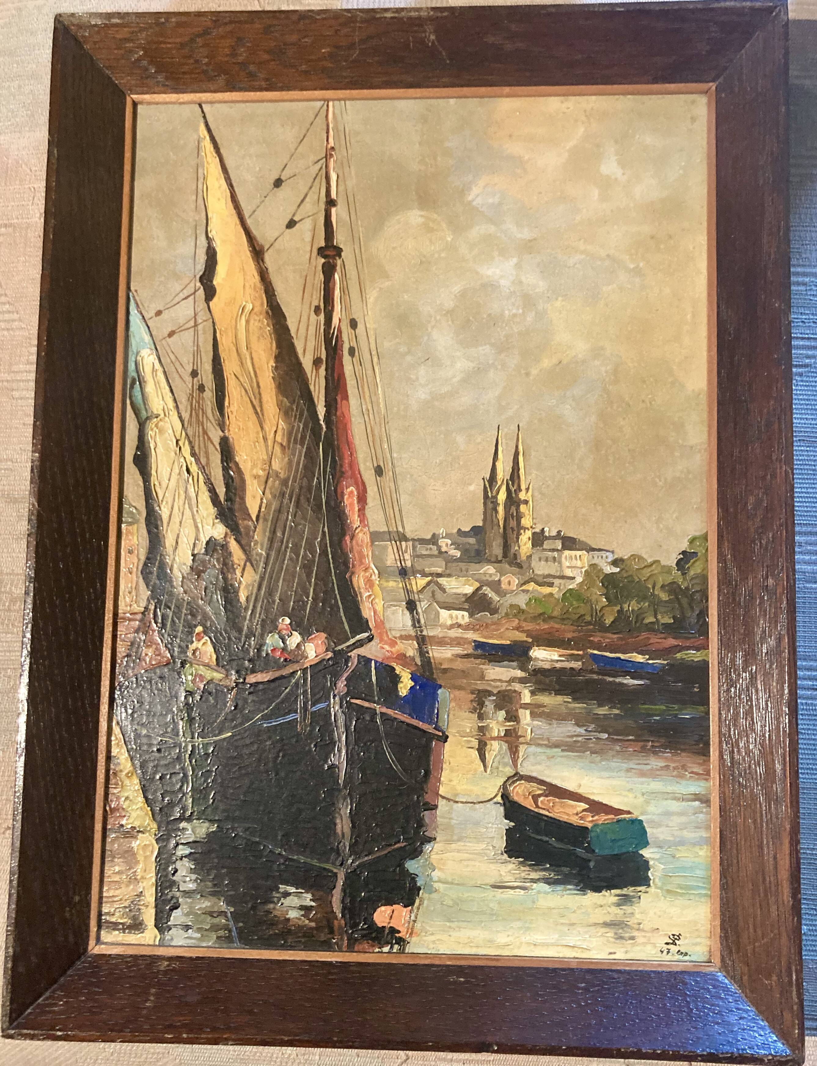 framed signed oil painting of Quimper on the Odet, regionalist, Brittany tableau