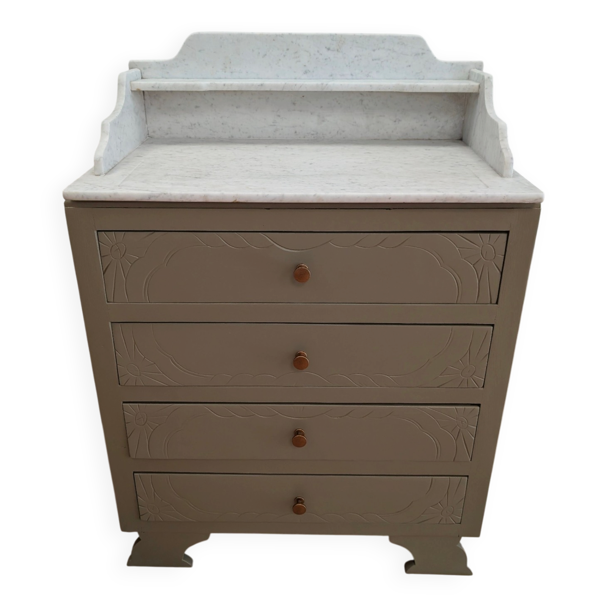 Antique commode revamped with a marble top, vintage dressing table.