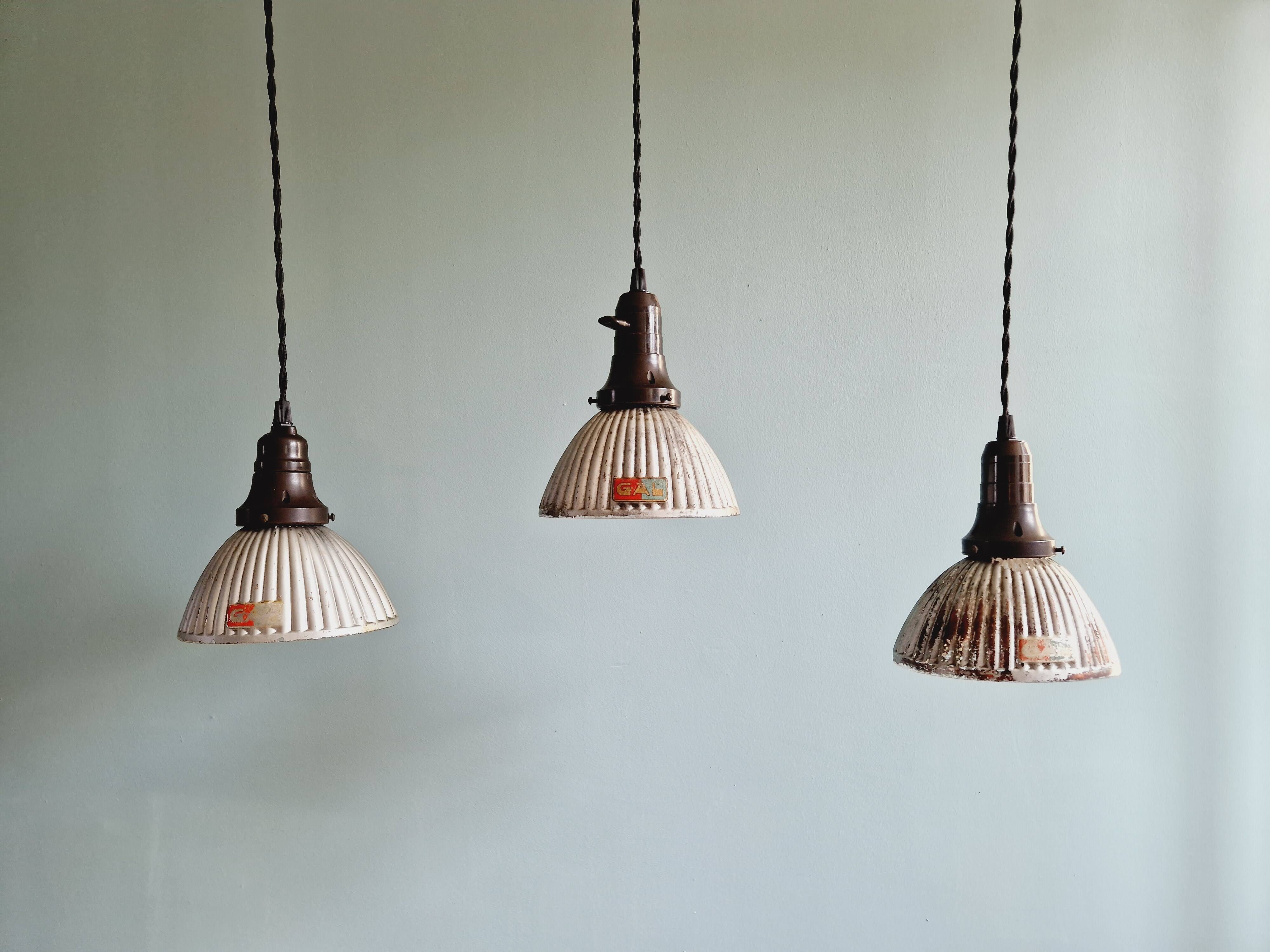 Set of 3 industrial mercury glass pendant lights, GAL (France), 1930s
