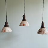 Set of 3 industrial mercury glass pendant lights, GAL (France), 1930s