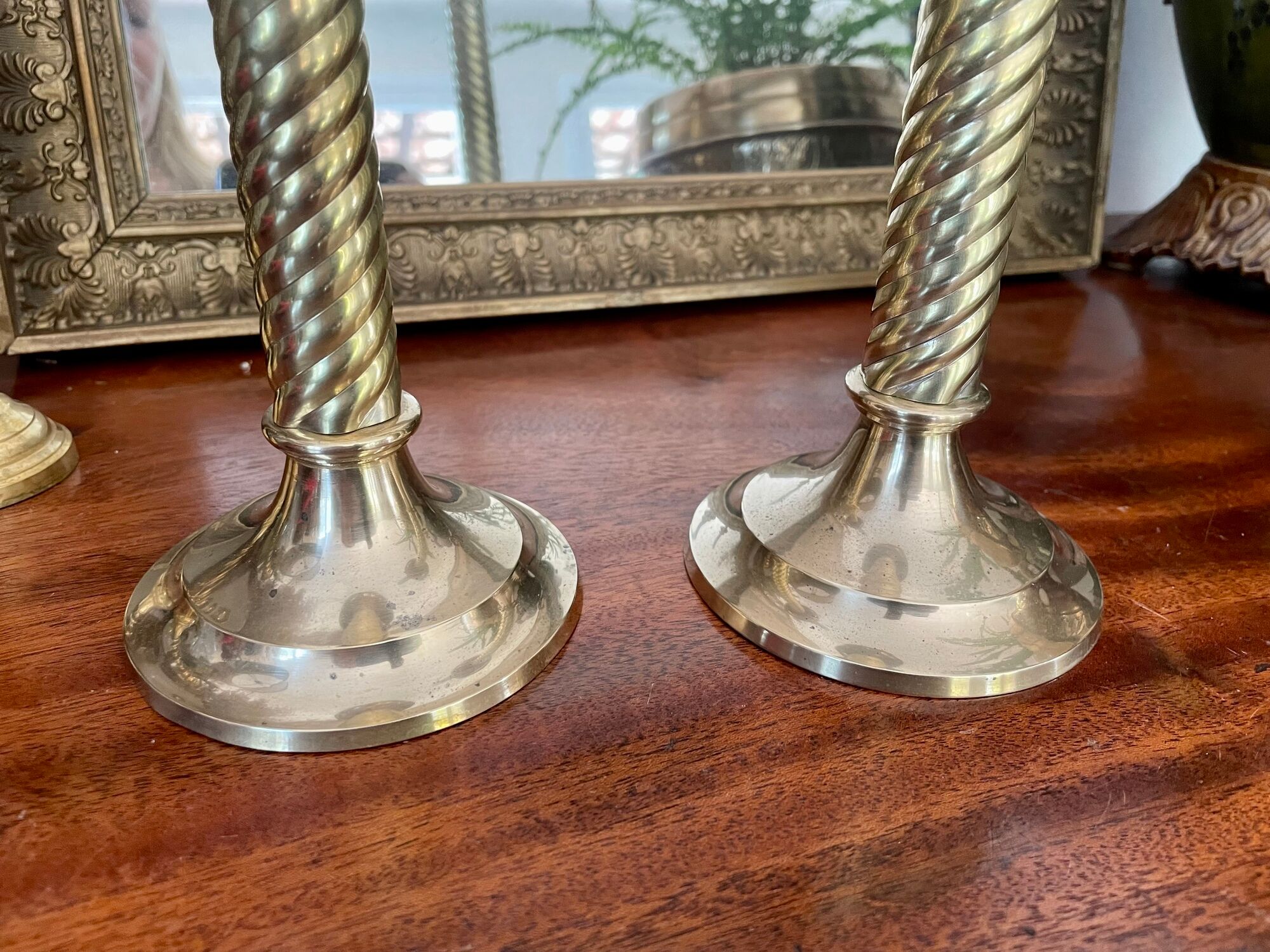 Pair of twisted brass column candle holders