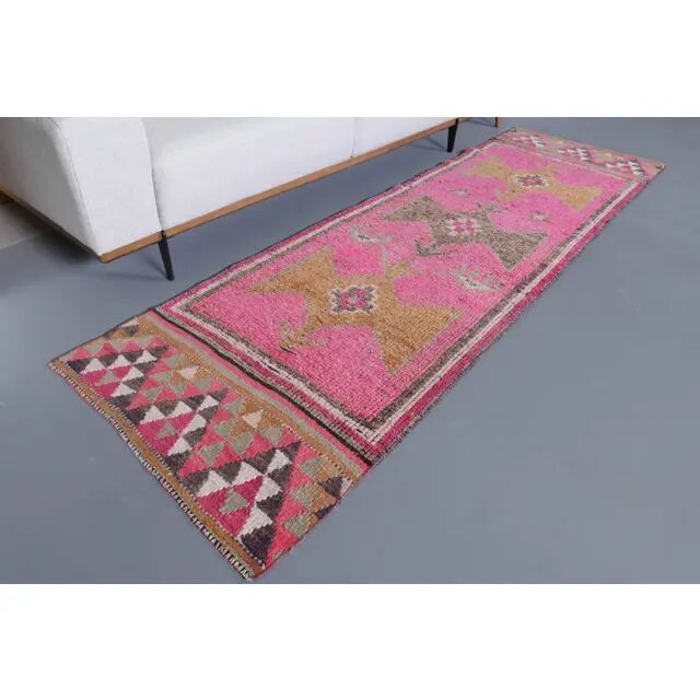 Vintage Turkish Hand-Knotted Wool Cotton Pink Runner Rug 90x298