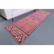 Vintage Turkish Hand-Knotted Wool Cotton Pink Runner Rug 90x298