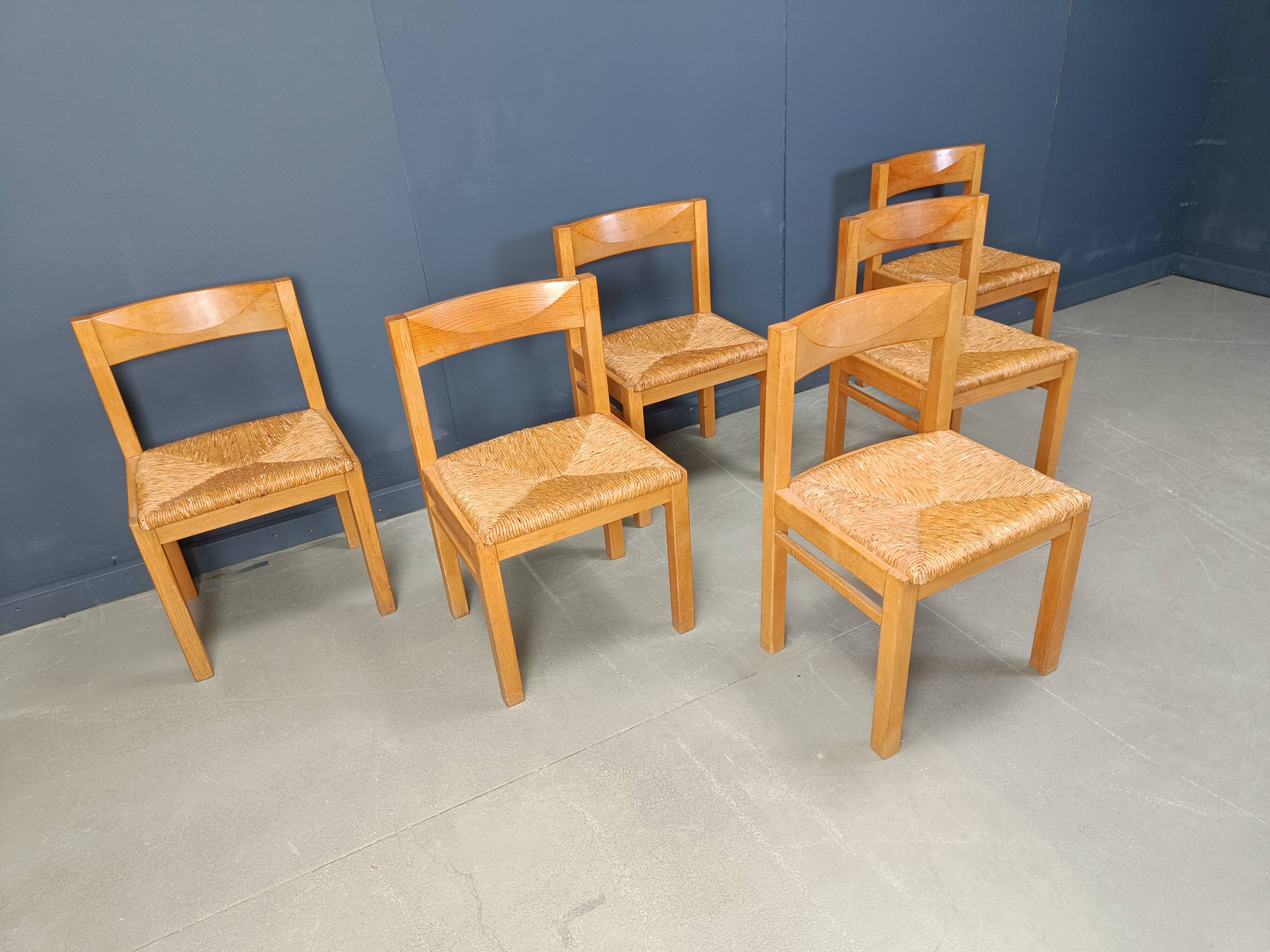 Vintage oak and wicker dining chairs, 1960s