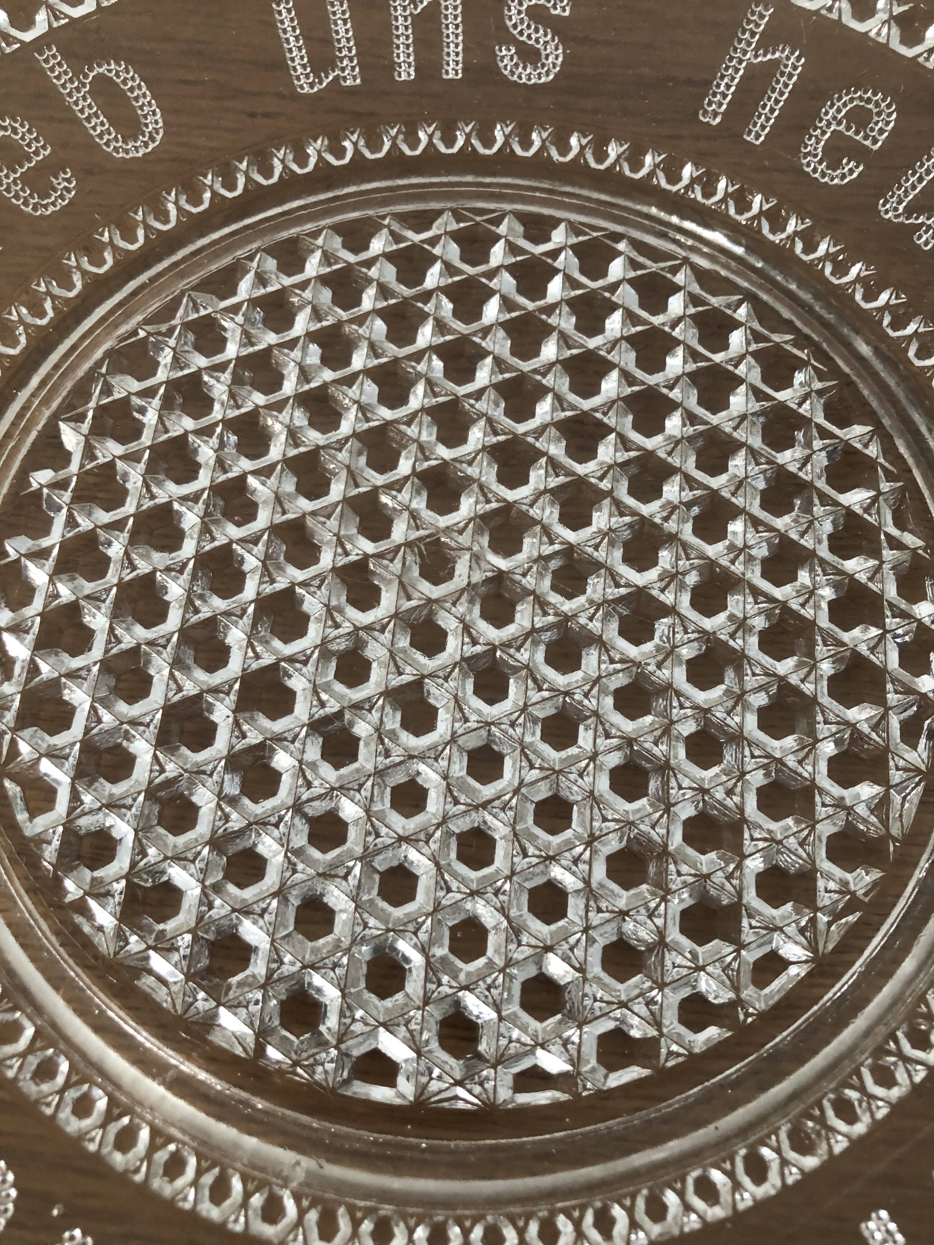 Cut glass cheese dish with inscription in German