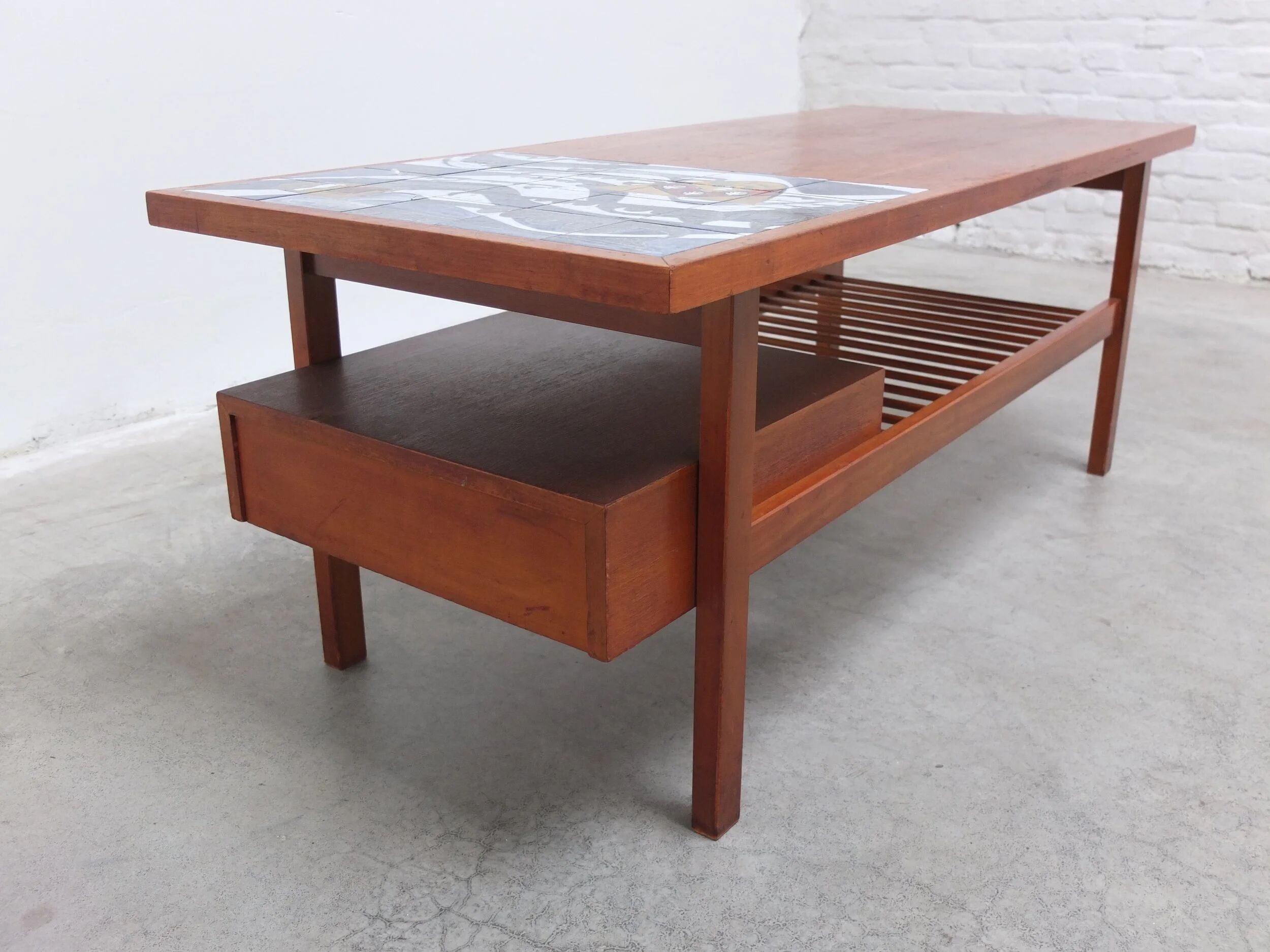 Walnut coffee table with ceramic tile by Jos De Mey for Van Den Berghe-Pauvers, 1960s