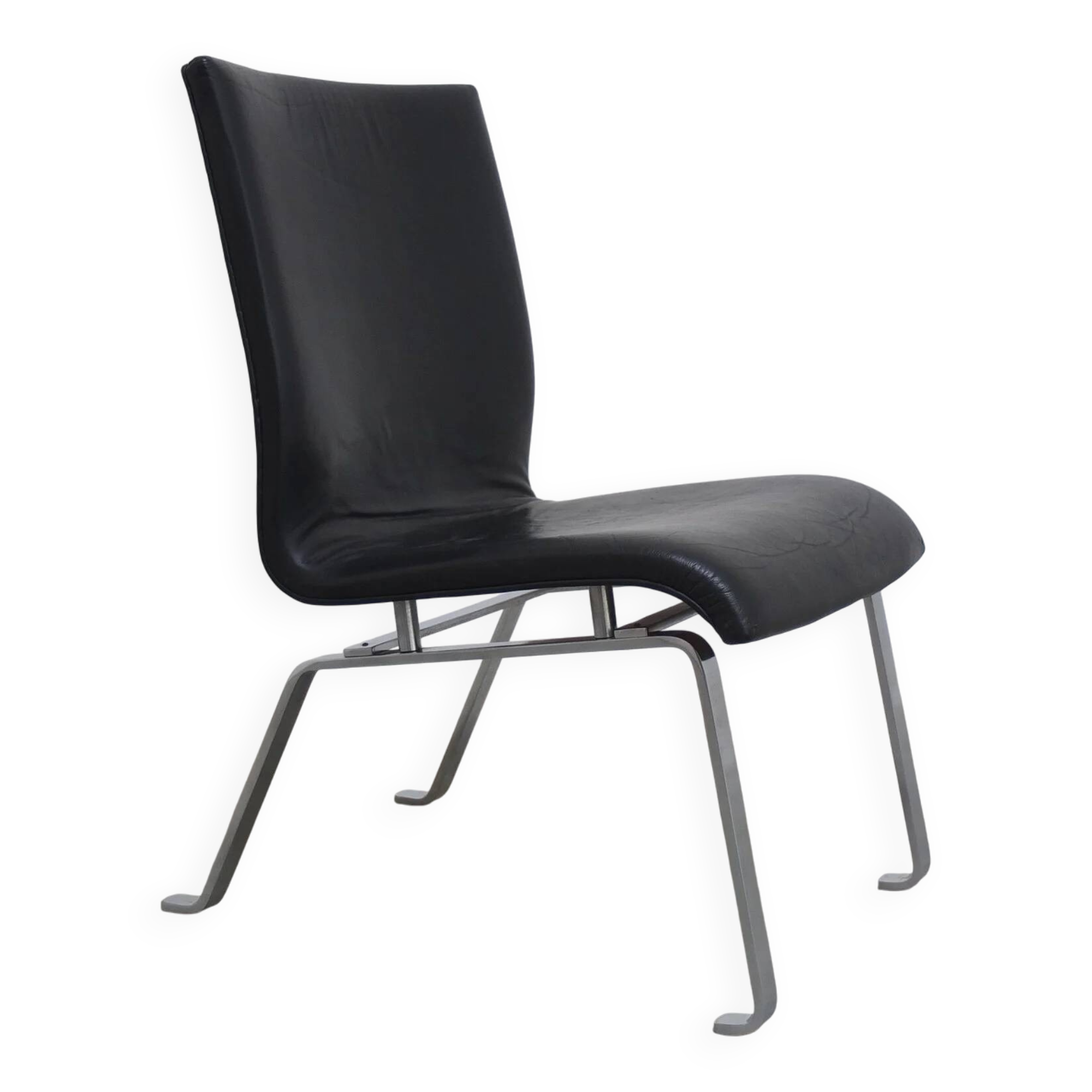 Unique black leather & steel modernist lounge chair, 1960s