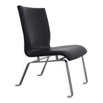 Unique black leather & steel modernist lounge chair, 1960s
