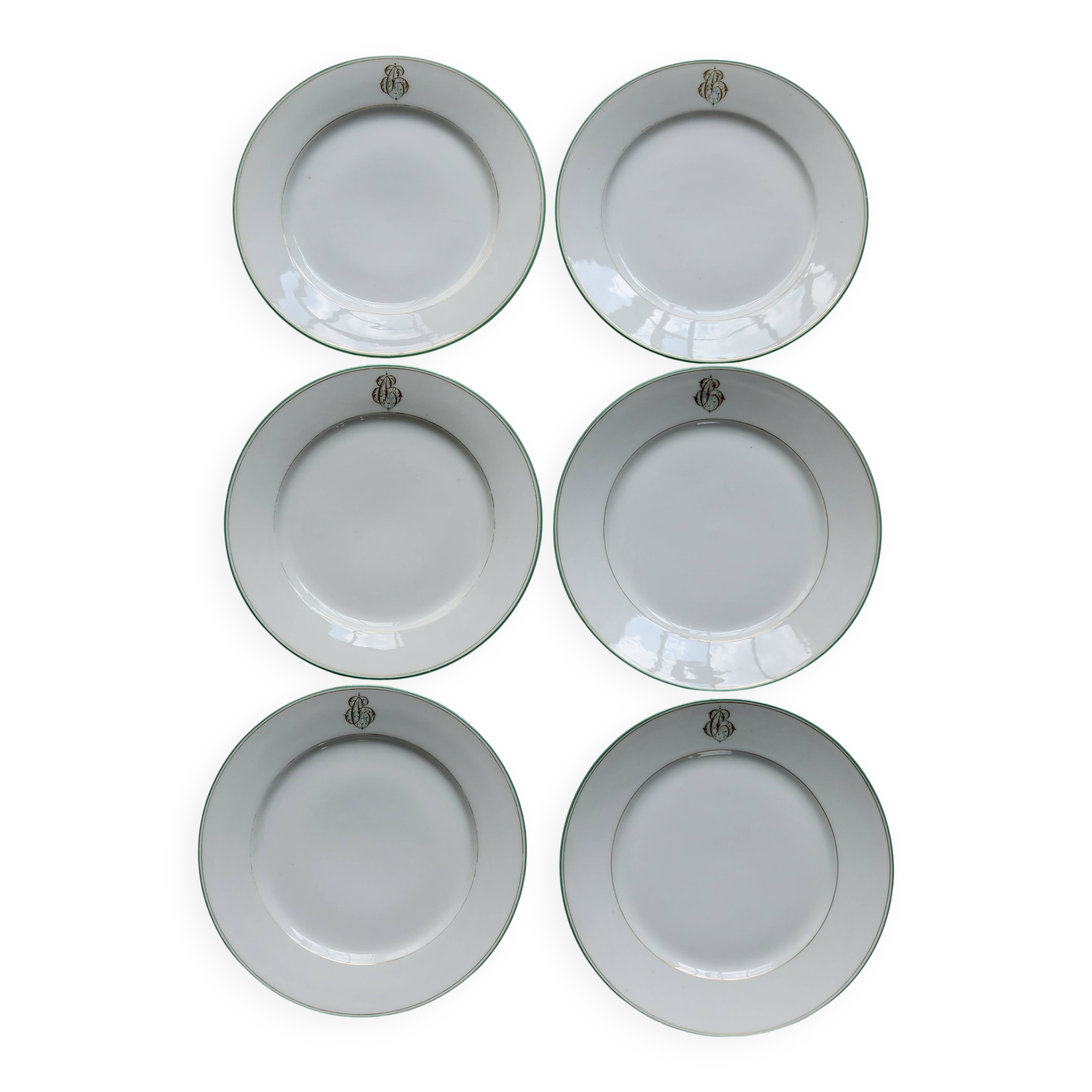 6 monogrammed dessert plates Limoges porcelain