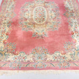 Chinese fringed wool rug with floral pattern on pink background 388x275cm