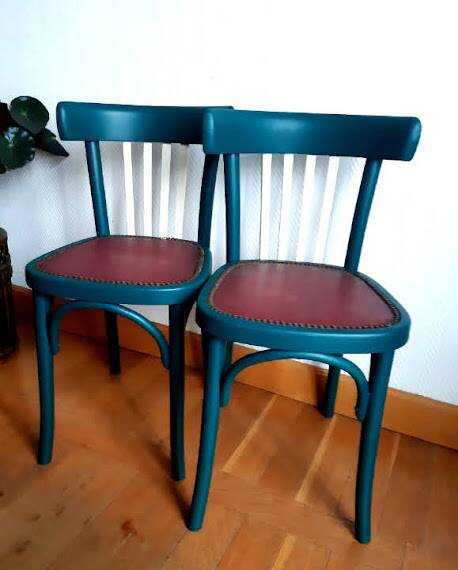 Pair of vintage emerald green bistro wooden chairs