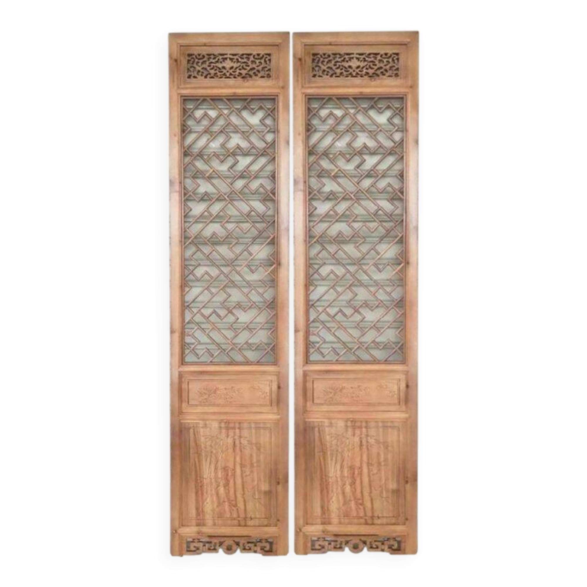 Set of 2 Vietnamese panels with geometric lattice.