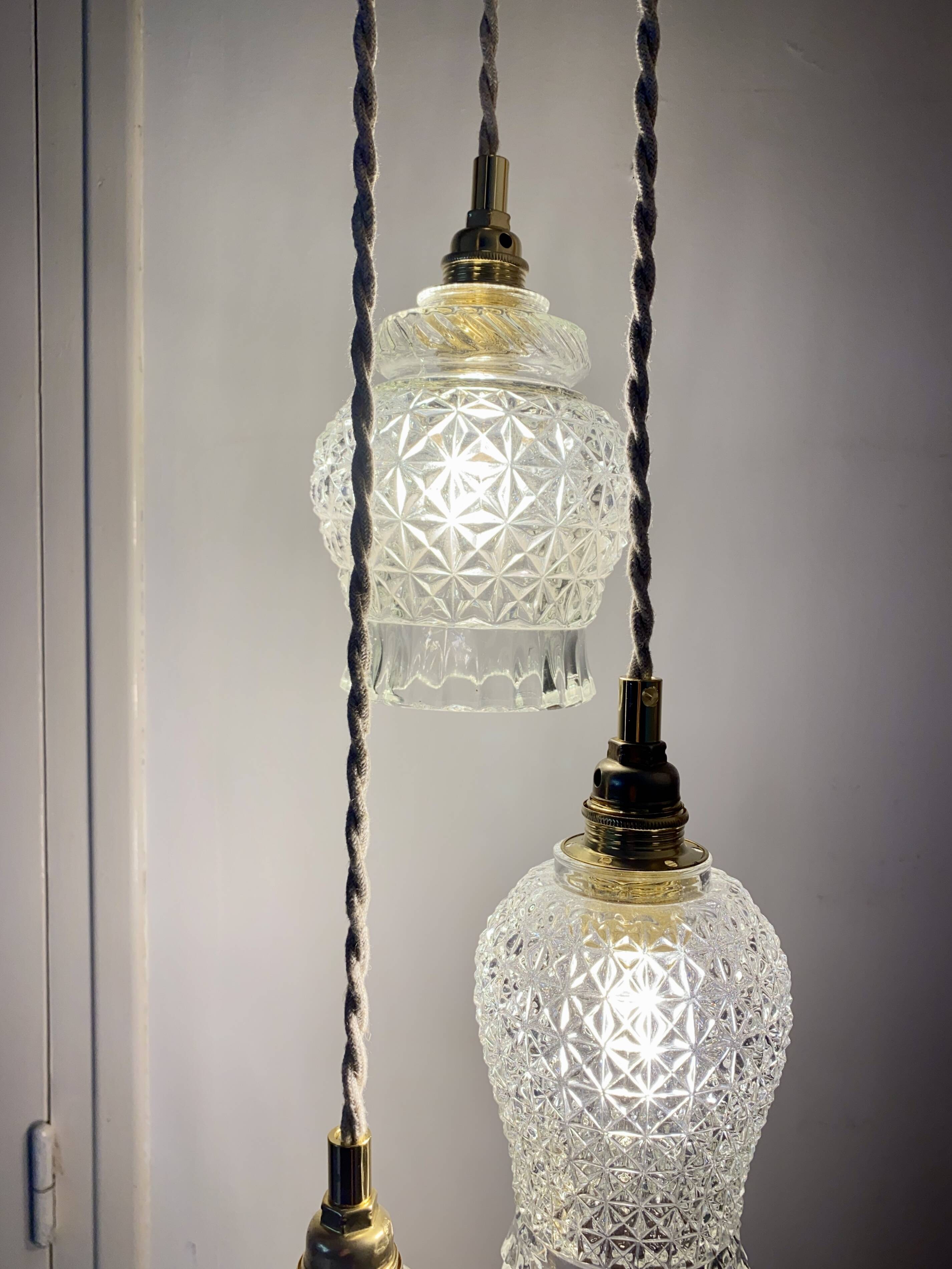 Vintage triple tulip pendant light in molded glass