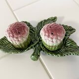 Set of Vintage Asparagus-themed Majolica Salt and Pepper Shakers with Plate