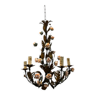 Tole porcelain rose flower chandelier, 1960s