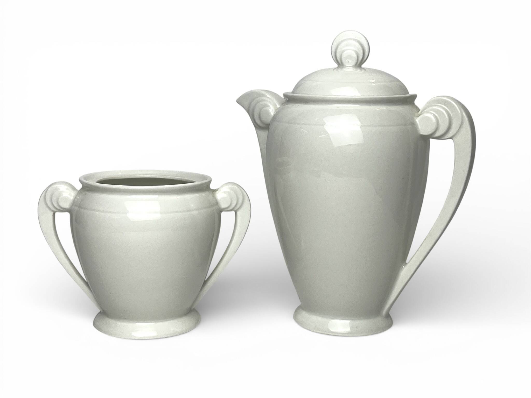 Art Deco white earthenware jug and sugar bowl set from around 1930.