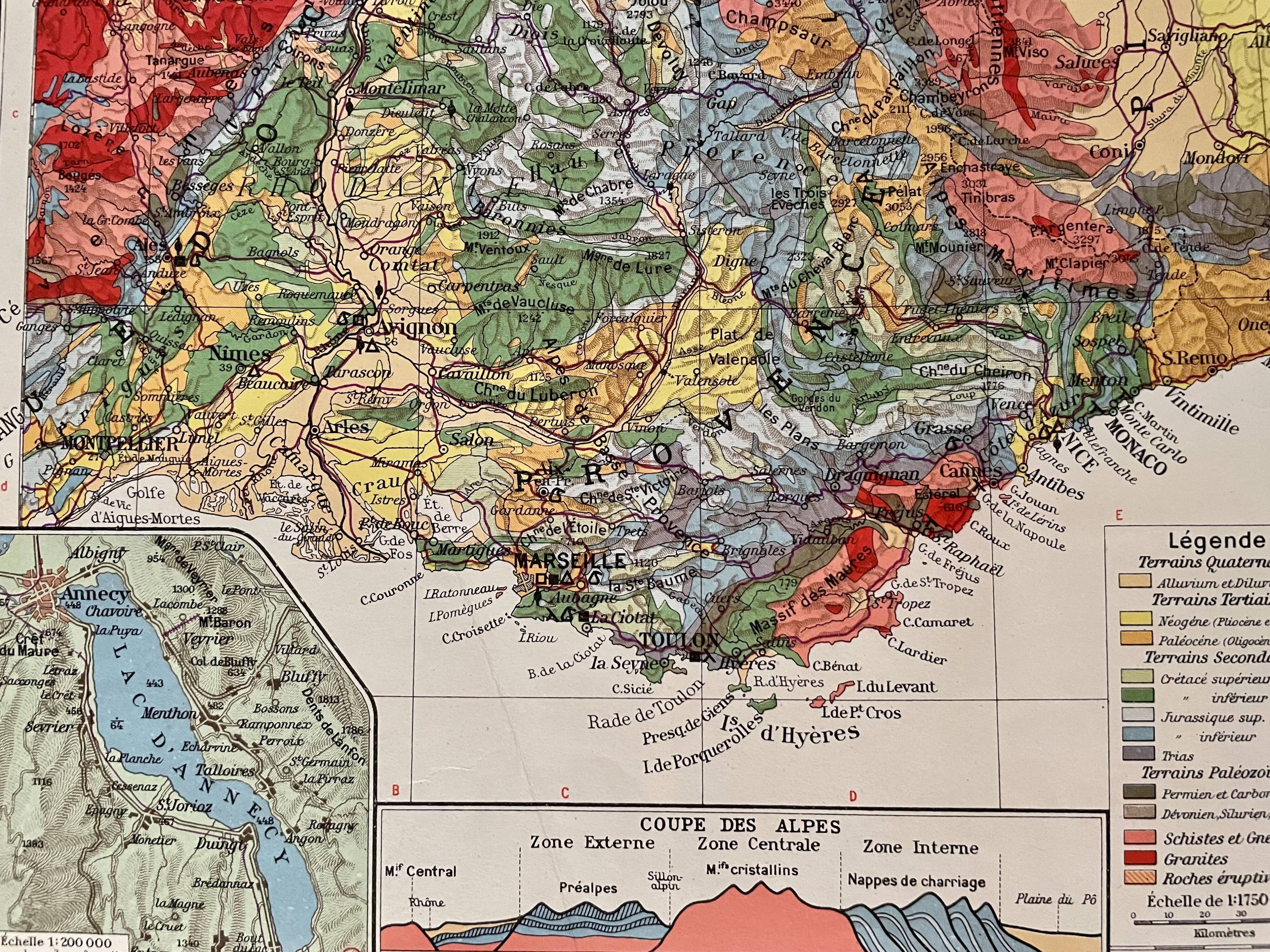 Map of the alps and rhone valley from 1945
