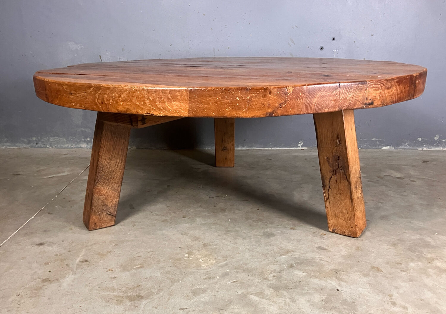 Brutalist oak coffee table thee legs