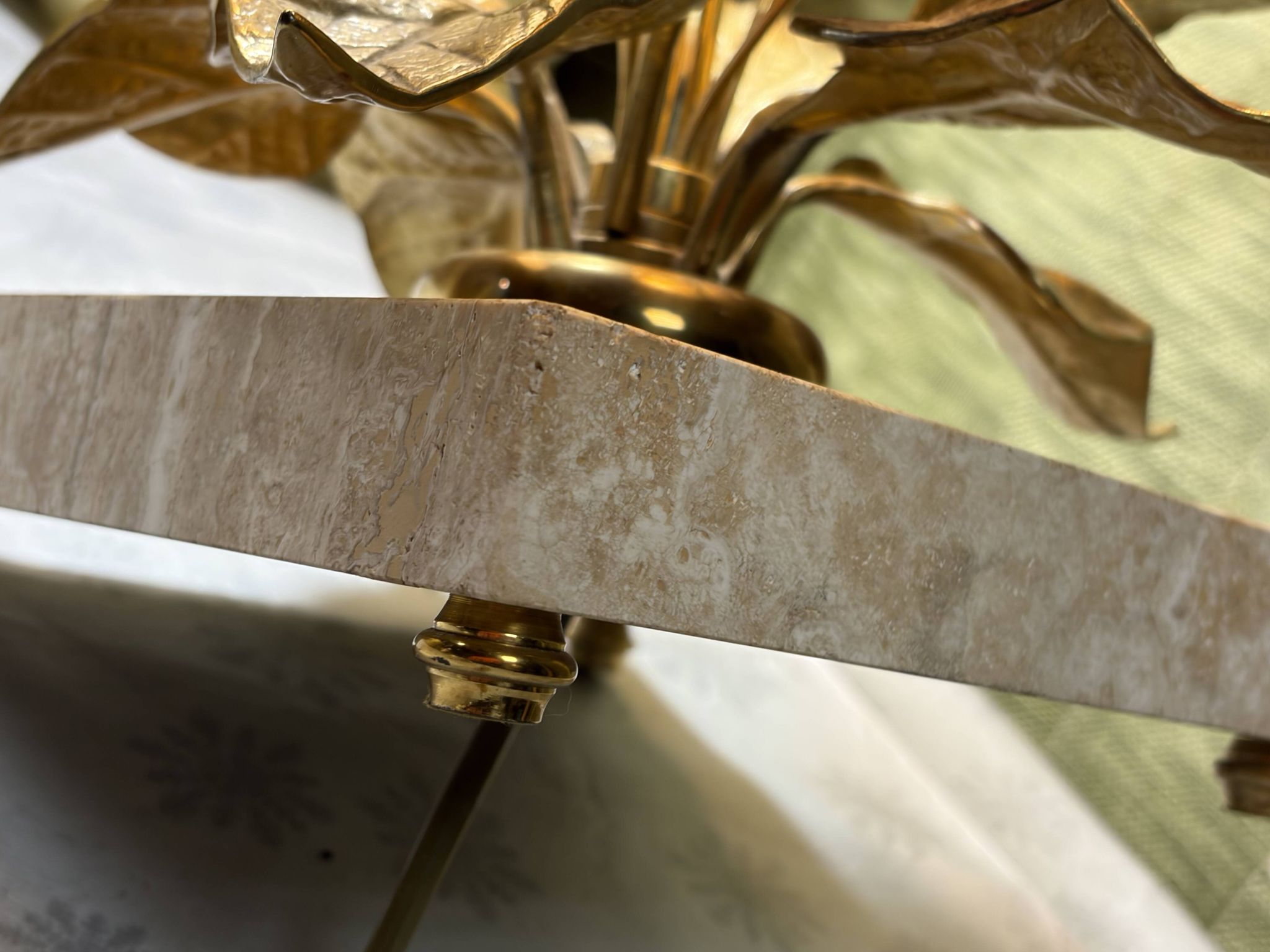 Bronze and travertine water lily lamp attributed to Maison Charles, circa 1970.