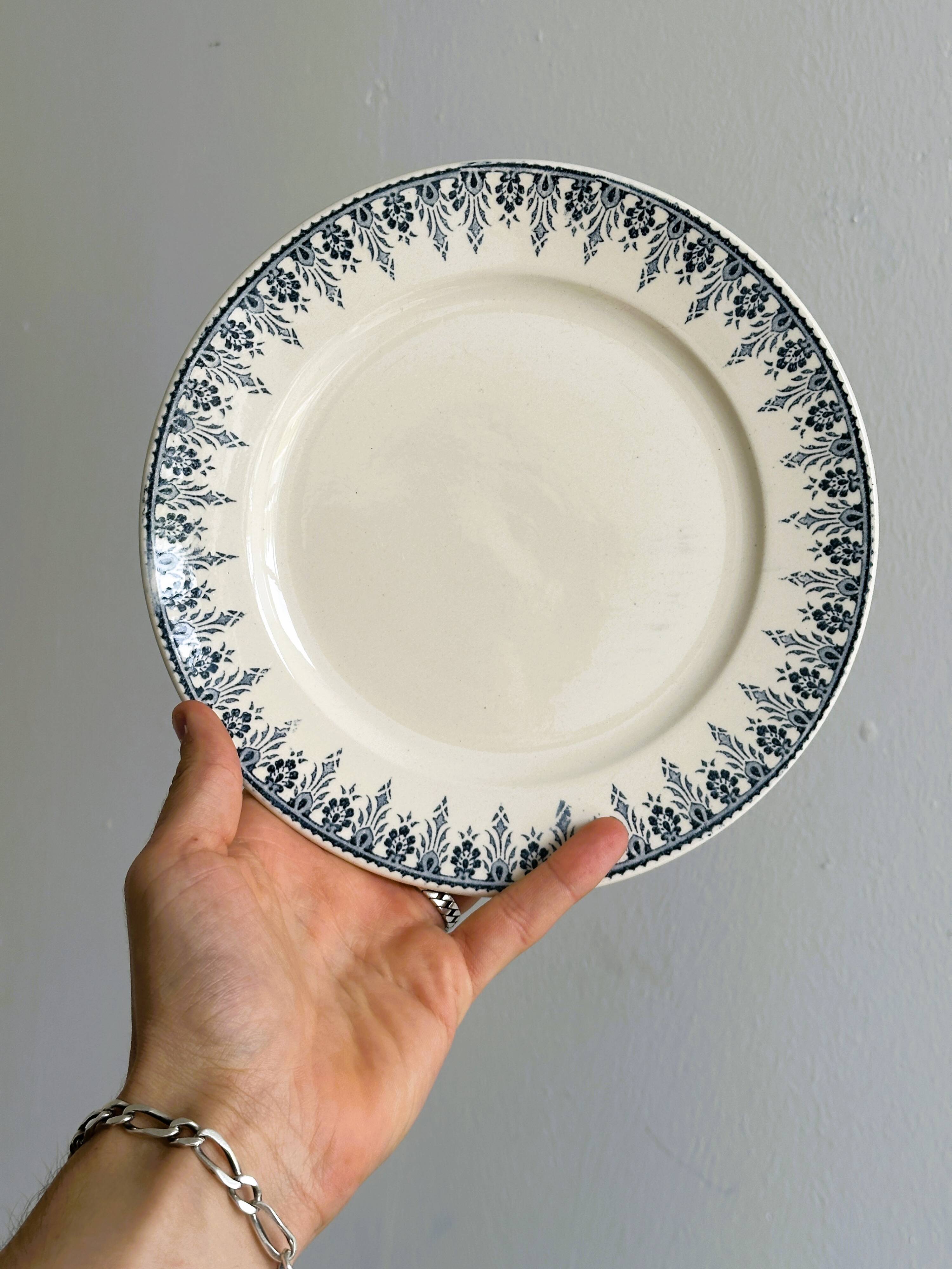 6 flat earthenware plates, blue floral border