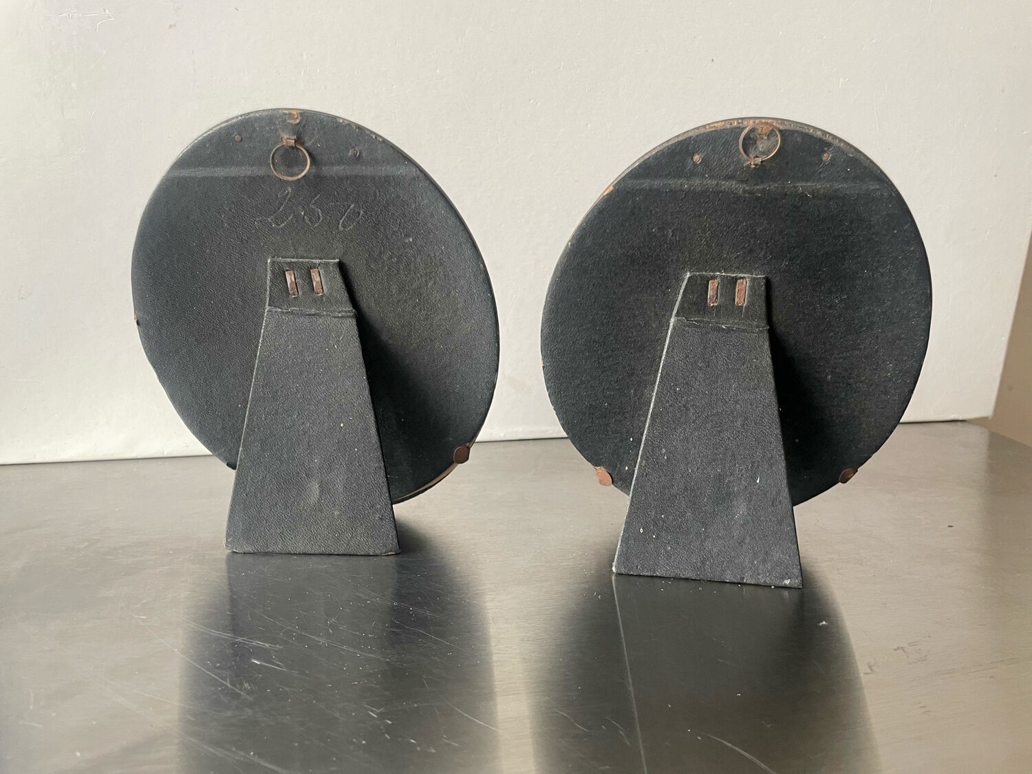 Antique pair of black wooden oval frames each 16.5 cm x 13 cm