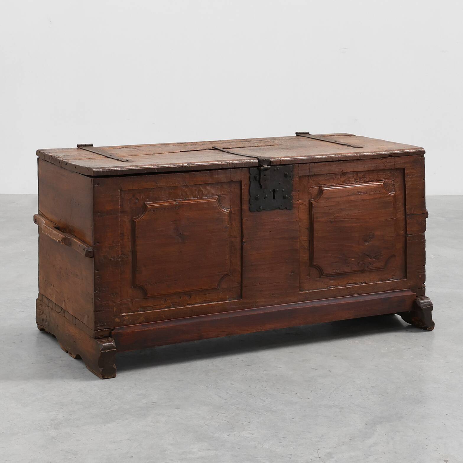 Flemish Oak Blanket Chest with panelled front and iron lock, dated 1825