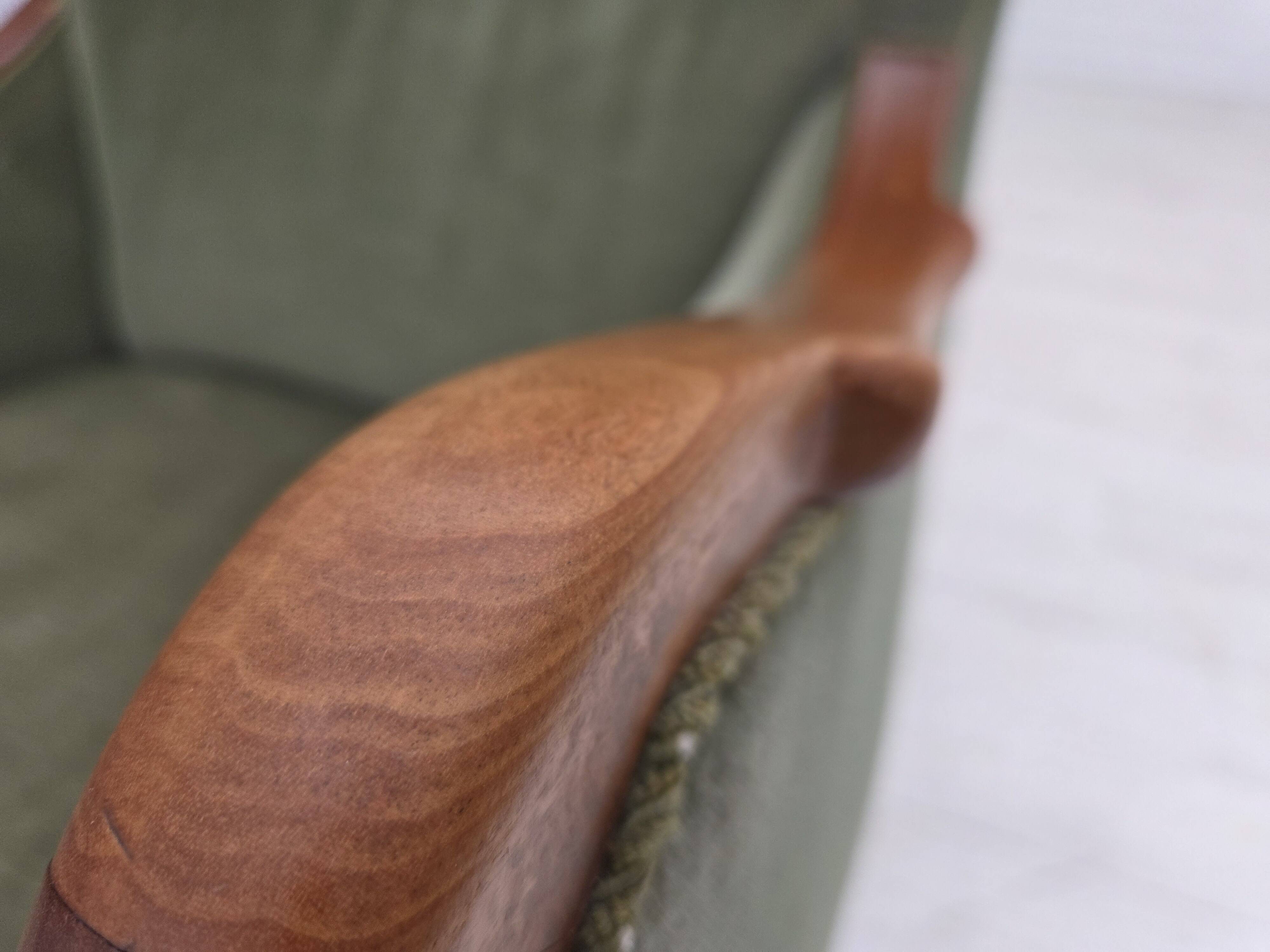 1960s, Danish highback armchair, green furniture velour, teak wood.