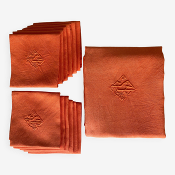 Nappe ancienne & ses 12 serviettes en damassé chiffrées "JB" coloris abricot - lin - 12 couverts