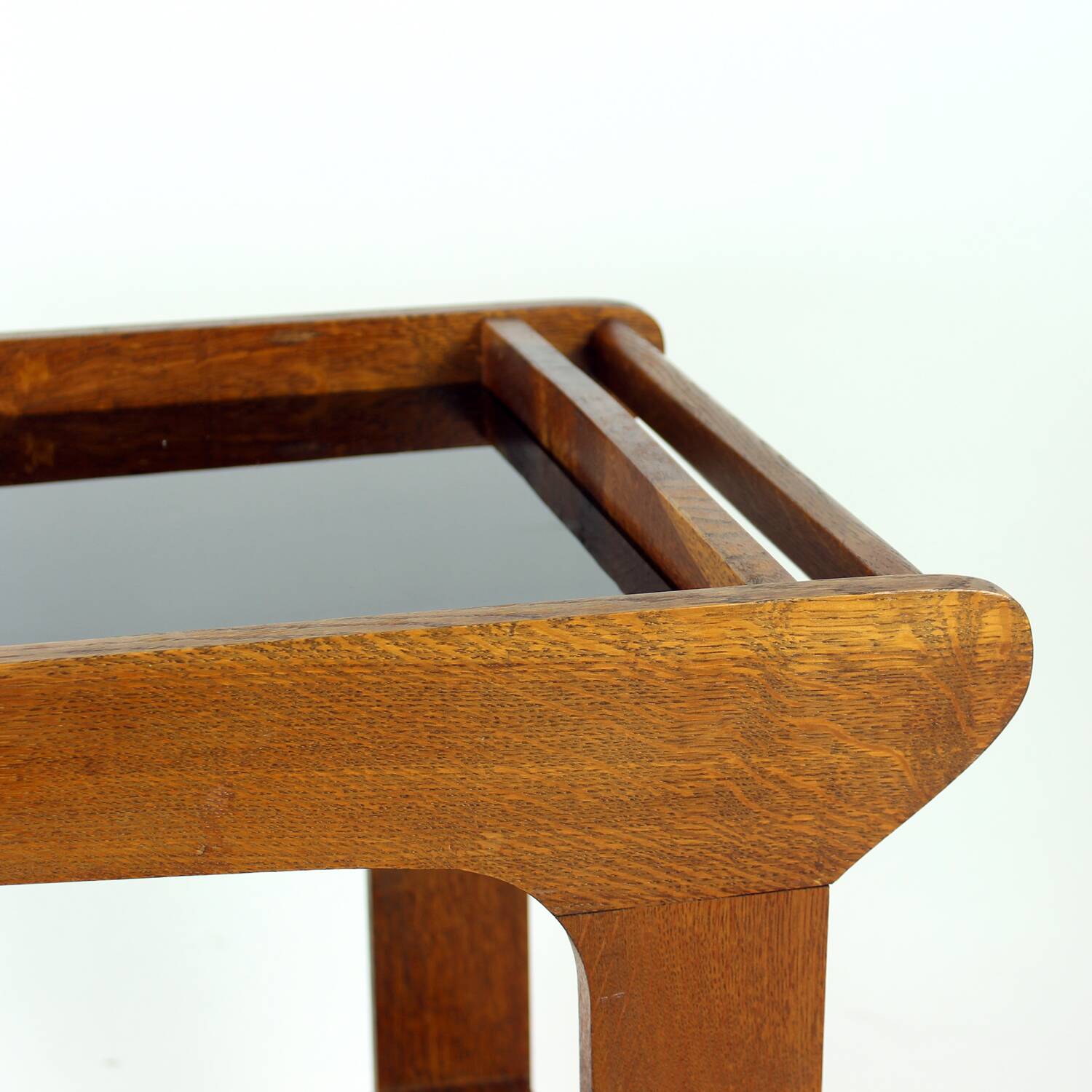 Mid Century Modern Wooden Bar Cart With Black Opaline Glass, 1960s