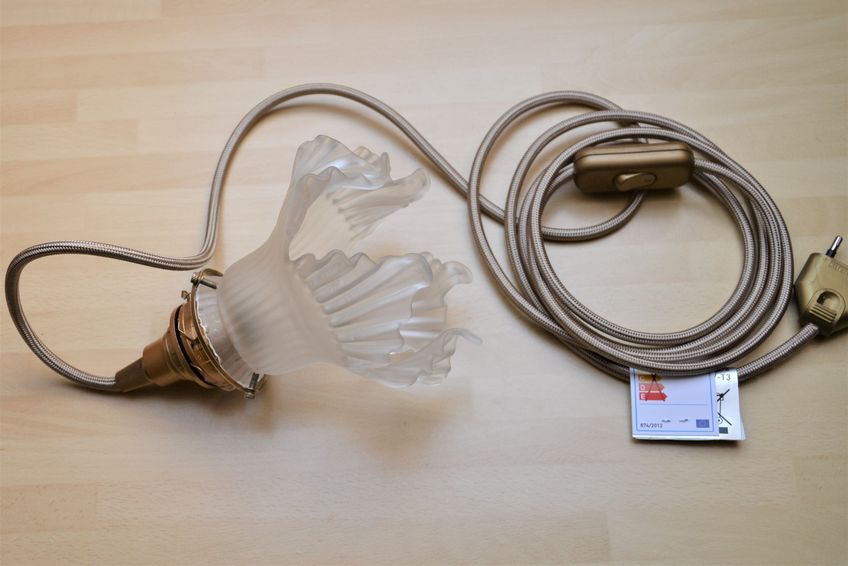 Frosted glass deco stroller, floral art deco walking lamp - beige cord