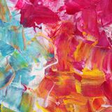 Acrylic painting on canvas in blue, pink, and yellow.