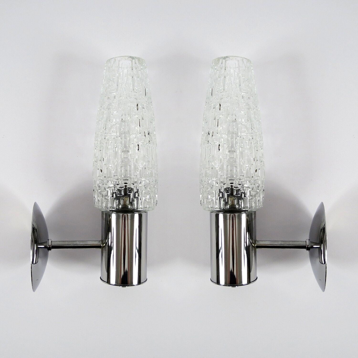 Set of two glass and chrome metal wall lamps, 1960s