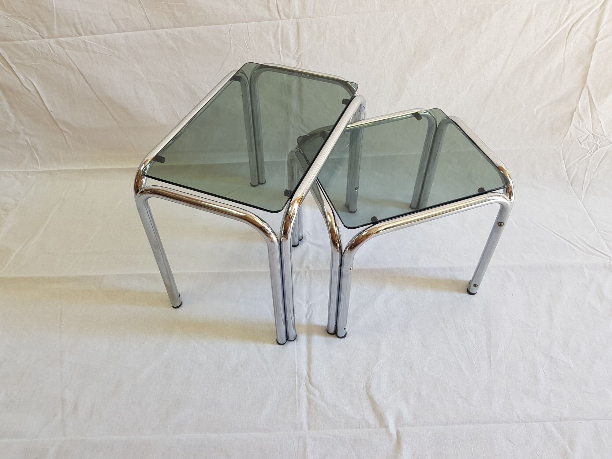 Tables chrome steel and glass smoked 70s