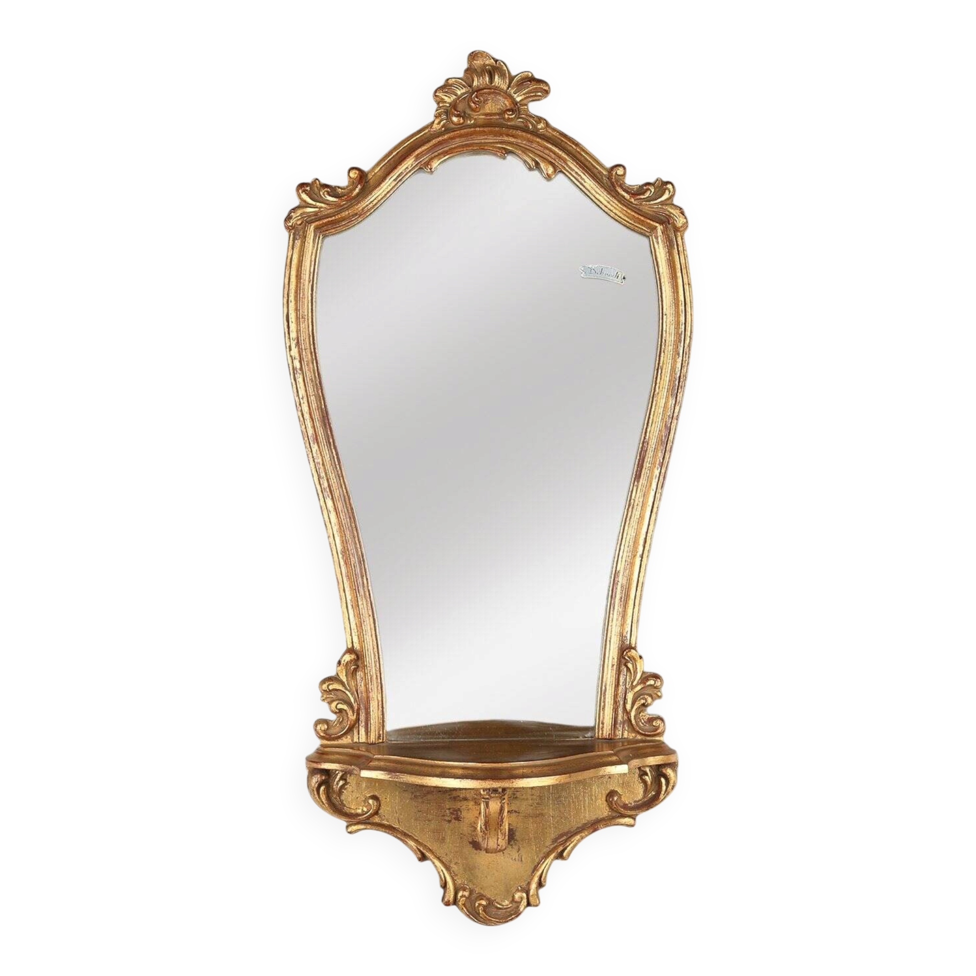 Miroir en résine dorée de style baroque Deknudt avec plateau, Belgique années 1970