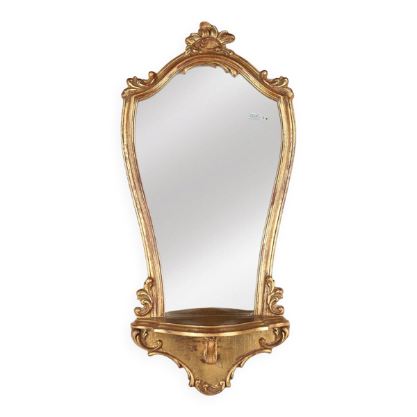 Miroir en résine dorée de style baroque Deknudt avec plateau, Belgique années 1970