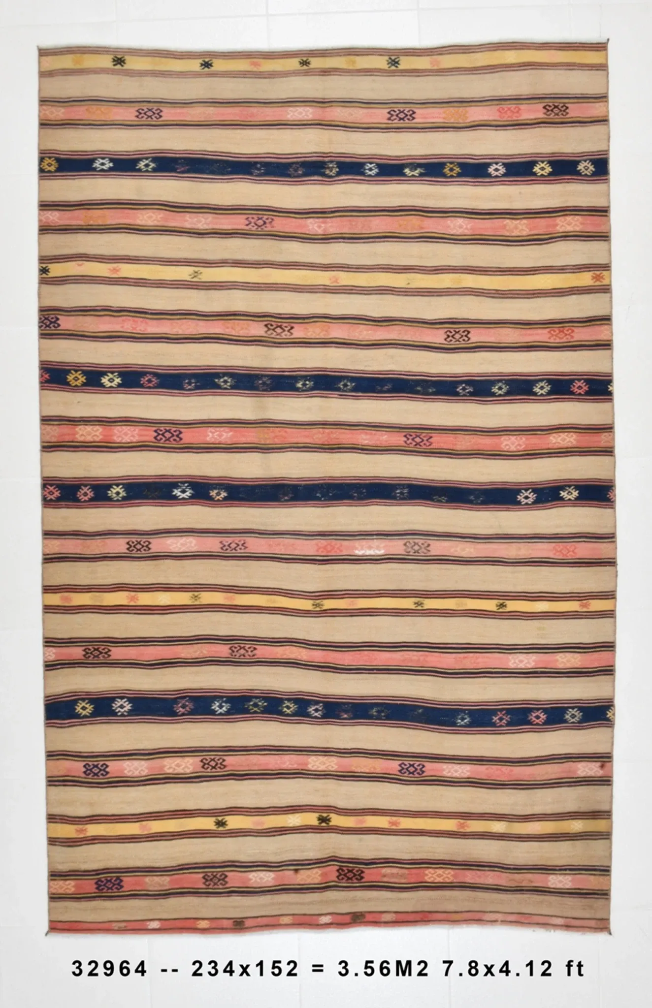 Turkish Vintage Blue & Beige Kilim Rug, Mid Century Modern Farmhouse Decor